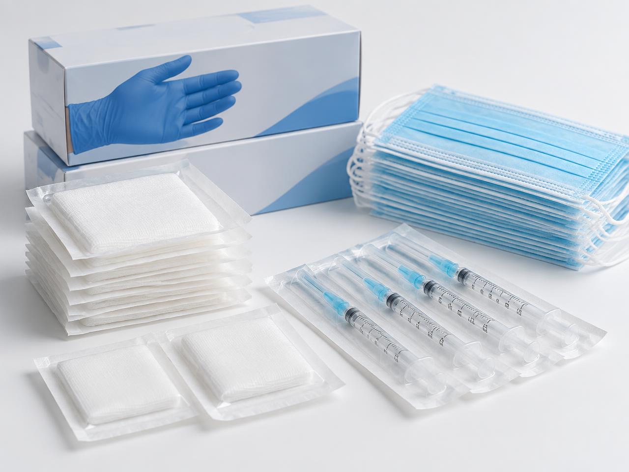 Exam gloves, gauze, syringes and masks arranged on a clean surface