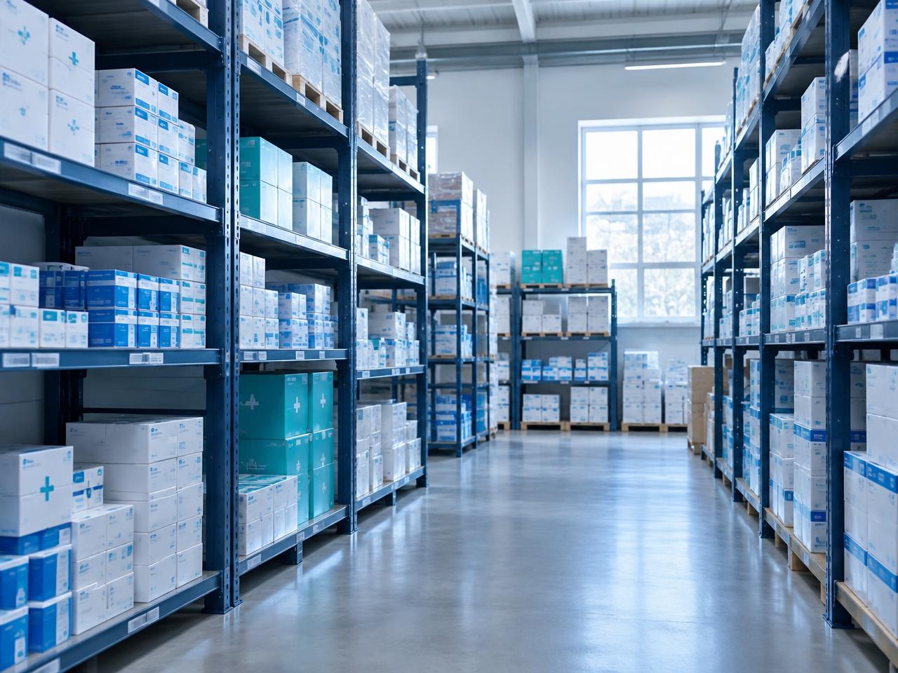 Medical supply cartons stocked on warehouse shelving